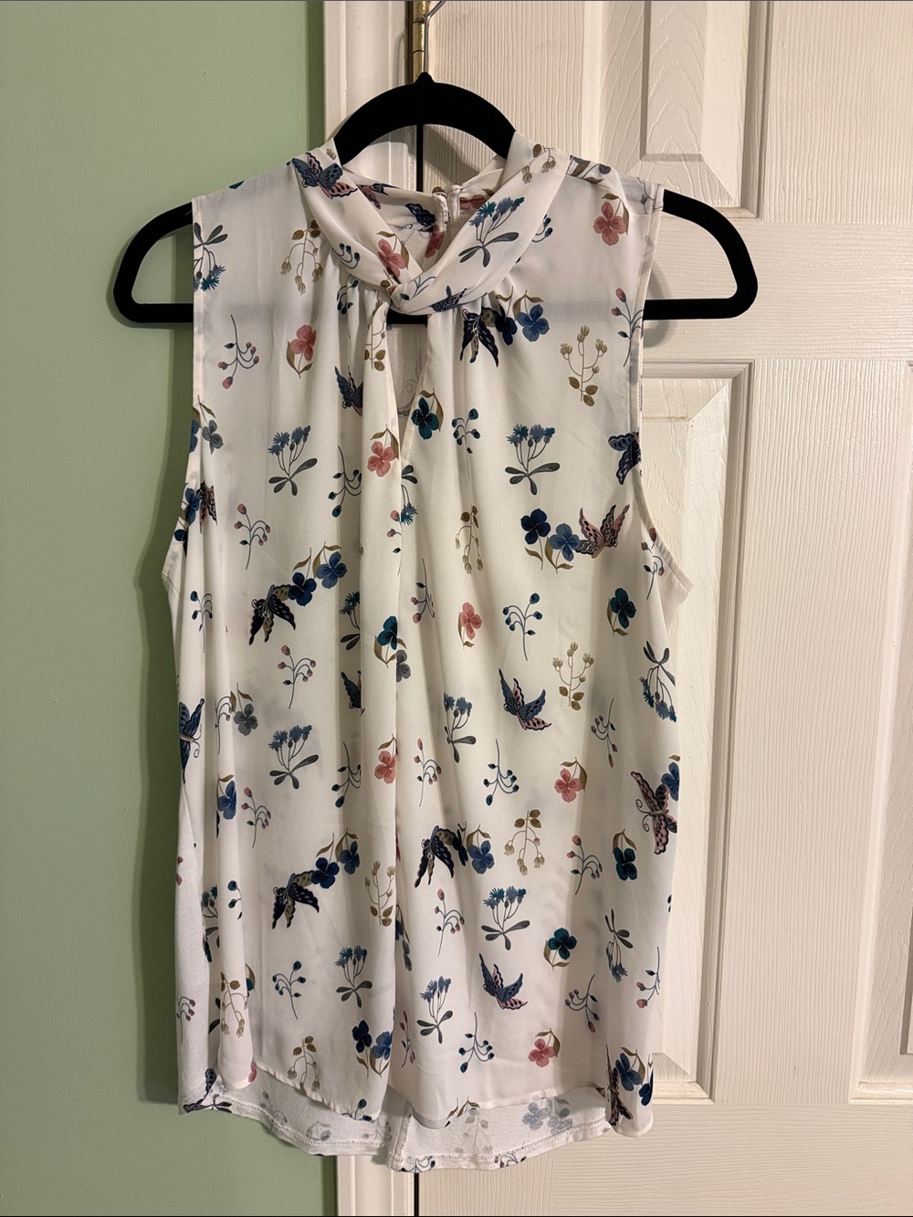 LOFT White Sleeveless Knot-Neck Blouse with Blue and Pink Floral Print